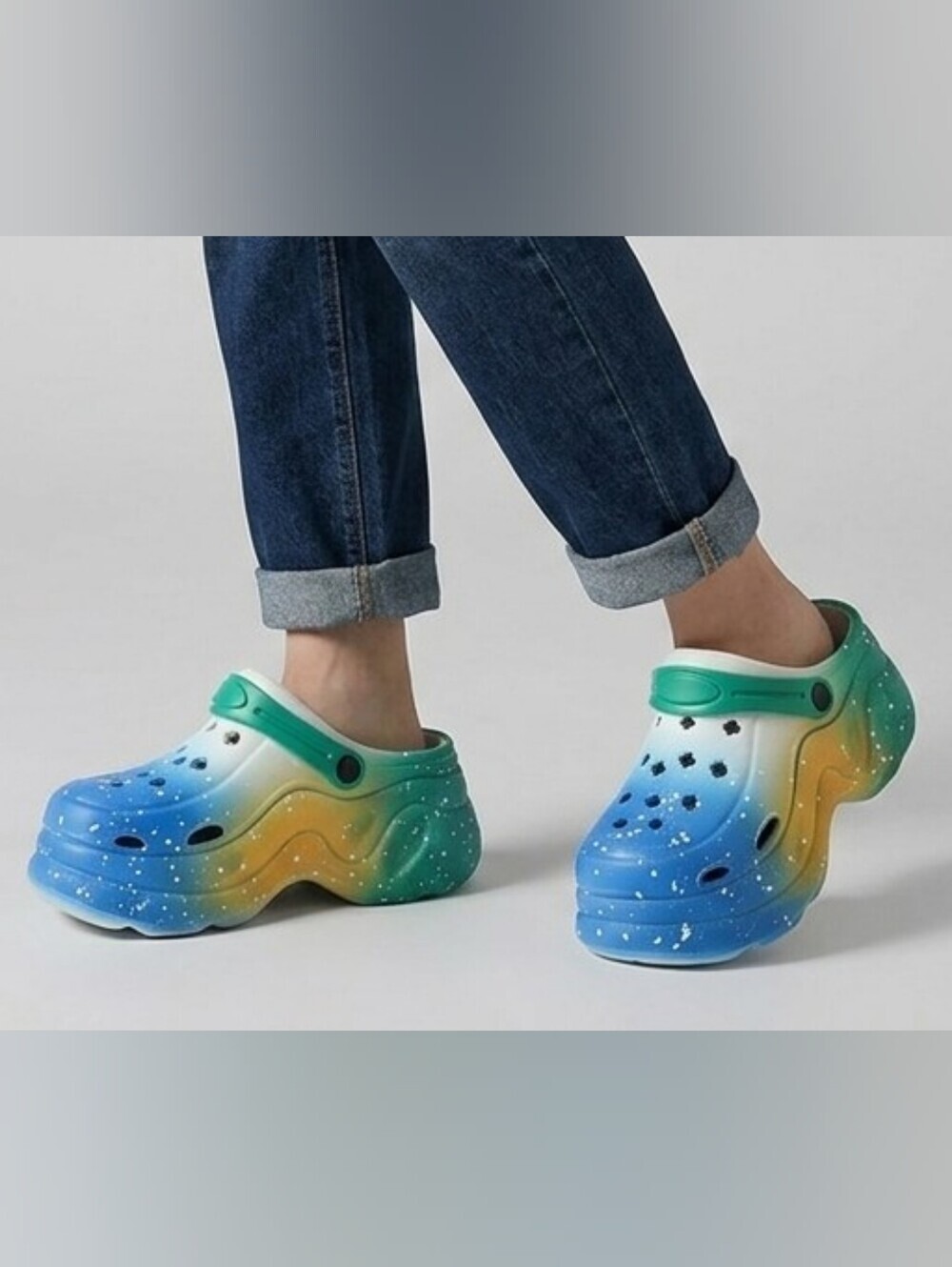 Chunky Platform Clogs Speckled Ombre Blue Yellow Green Slip On Mule Sandals